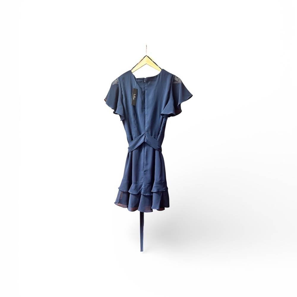 Lulu's Deep V Navy Ruffle Tie-Waist Mini Dress - Picture 7 of 11